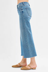 RISEN Tummy Control Mid Rise Crop Wide Front Slit Jeans OutfitFlow