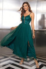 Spaghetti Strap Slit Mesh Dress Turquoise OutfitFlow