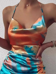 Tie-Dye Halter Ruched Mini Dress with Side Drawstring OutfitFlow