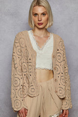 POL Button Down V-Neck Crochet Cardigan OutfitFlow