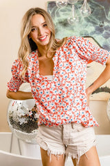 BiBi Floral Jqd Smoked Puff Sleeves V Neck Top OutfitFlow