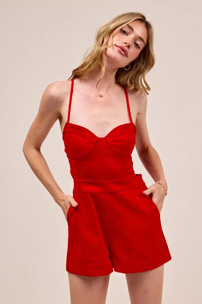 SO ME Fitted Open Back Game Day Romper with Lace Up Deta OutfitFlow