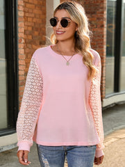 Full Size Round Neck Lace Long Sleeve T-Shirt Plus Size