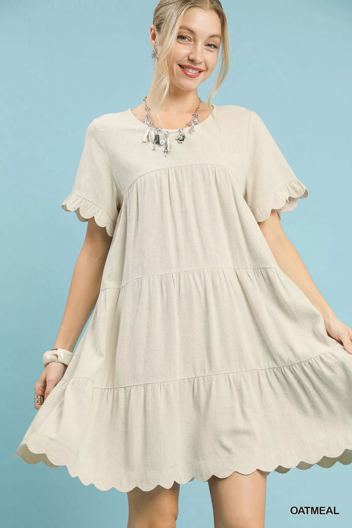 Umgee Linen Tiered Babydoll Dress with Ruffle Sleeves OATMEAL OutfitFlow