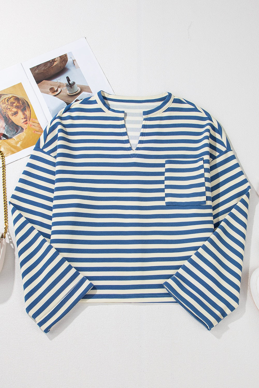 Stripe Chest Pocket Notched Top OutfitFlow