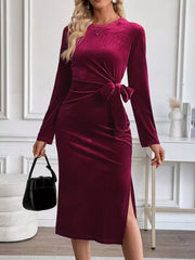 Velvet Slit Round Neck Long Sleeve Dress with Side Tie Detail OutfitFlow