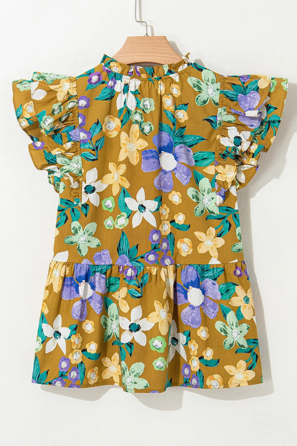 Floral Print Ruffle Cap Sleeve Tie Neck Top OutfitFlow