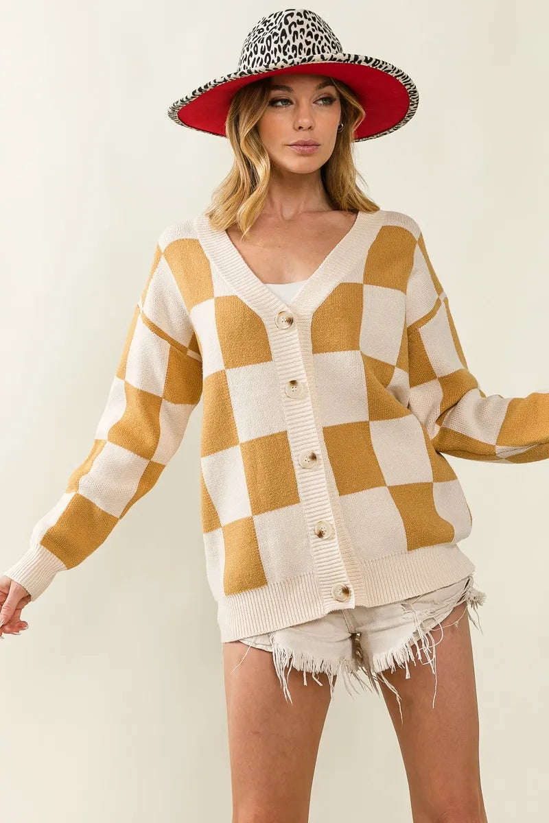 BiBi Checked V-neck Cardigan OutfitFlow