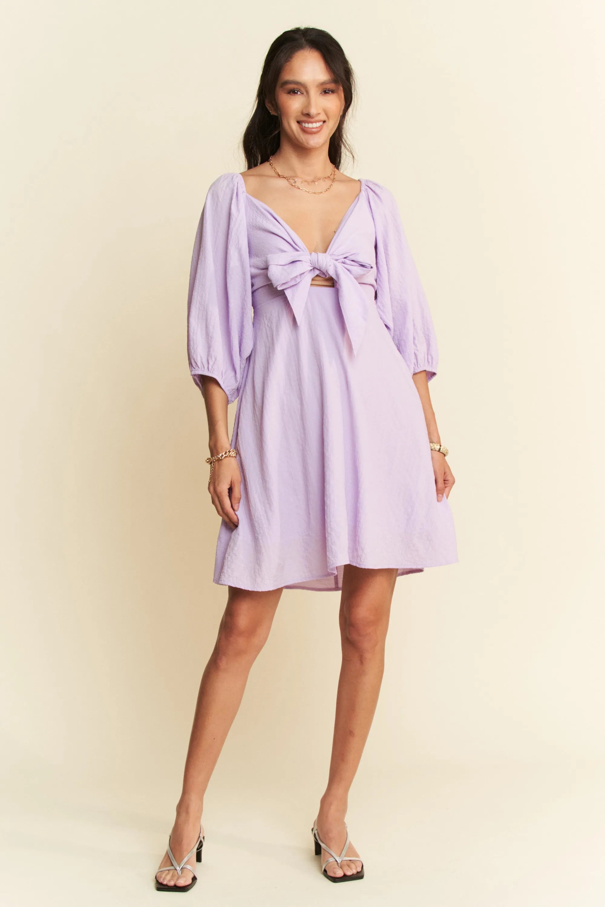 Davi & Dani Self-Tie Puff Sleeve Smocking Open Back Mini Dress OutfitFlow