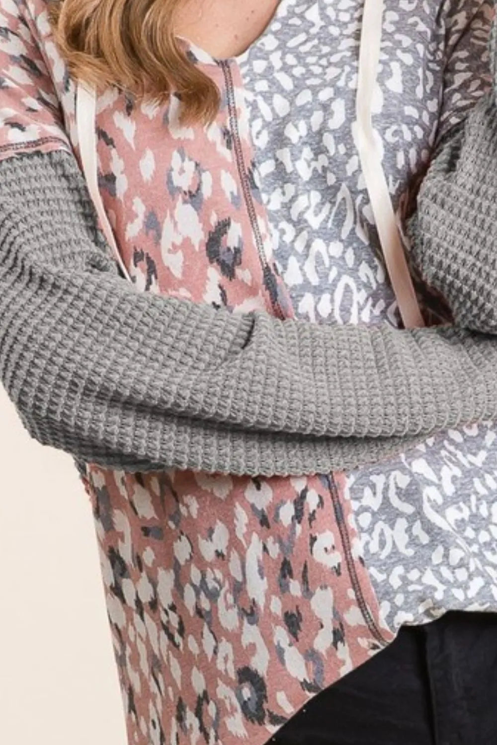 BiBi Popcorn Waffle Knit Hoodie with Print Block Front OutfitFlow