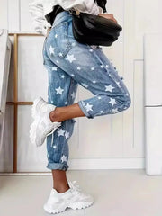 Star Print Distressed High Waist Boyfriend Jeans OutfitFlow