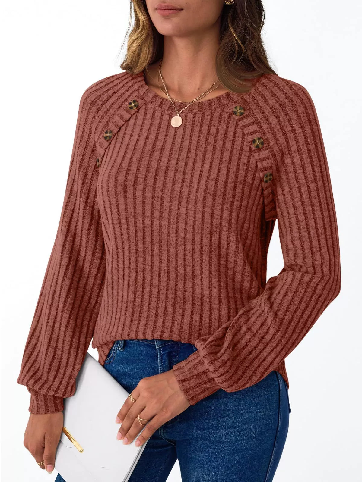 Ribbed Knit Decor Button Long Sleeve T-Shirt OutfitFlow