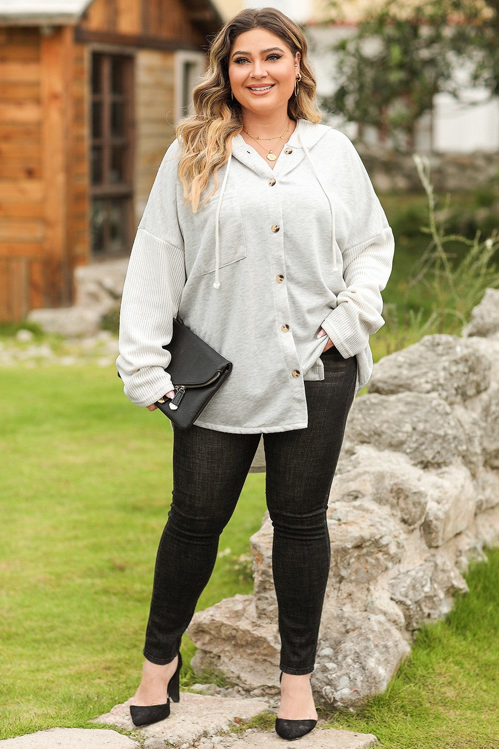 Outfit Flow - Plus Size Button Up Drawstring Long Sleeve Hoodie