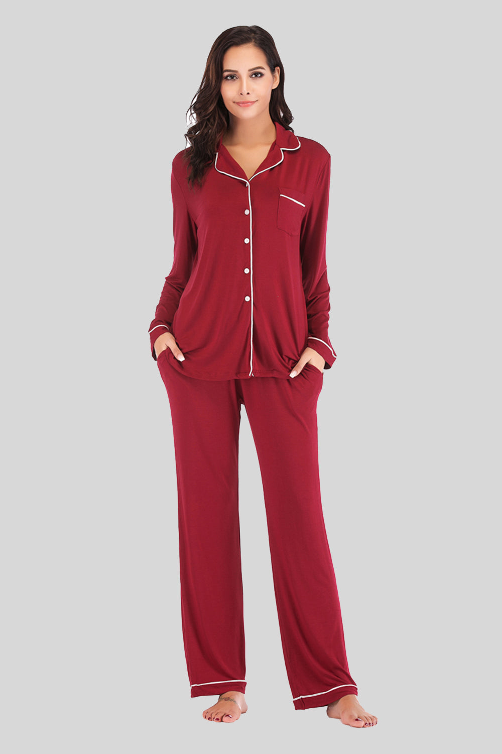 Outfit Flow - Collared Neck Long Sleeve Loungewear Set with Pockets