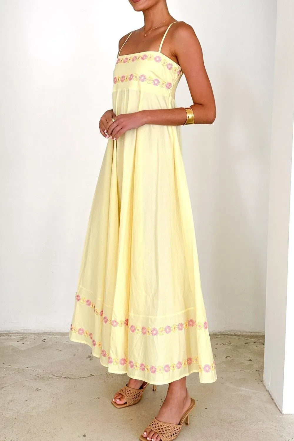 Floral Embroidered Spaghetti Strap Maxi Dress OutfitFlow