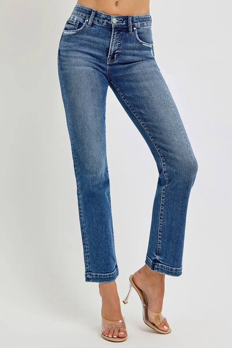 RISEN Full Size Tummy Control Elastic Band Mid Rise Straight Jeans Plus Size OutfitFlow