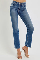 RISEN Full Size Tummy Control Elastic Band Mid Rise Straight Jeans Plus Size OutfitFlow