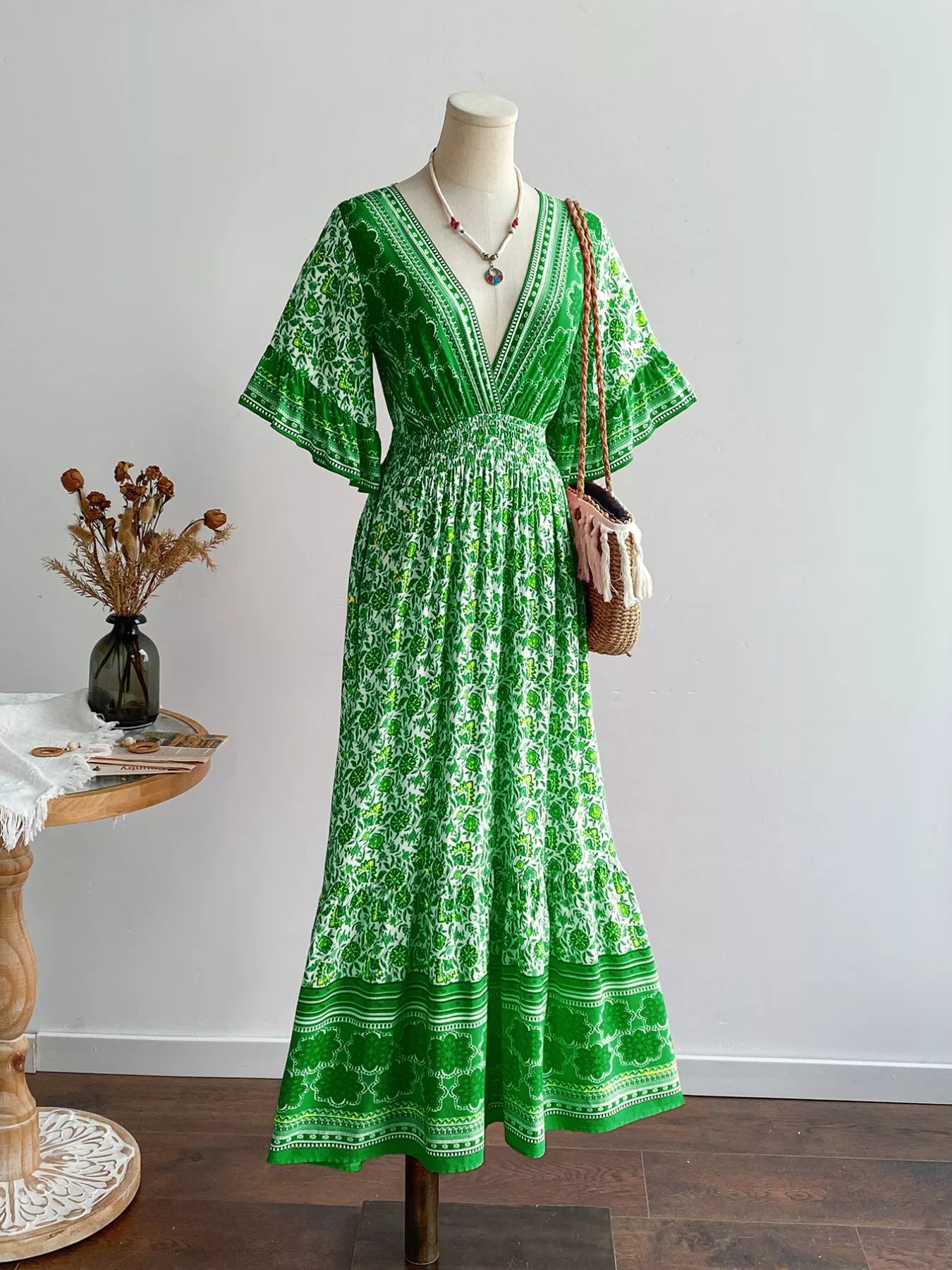 Floral Deep V-Neck Flutter Sleeves Dress OutfitFlow