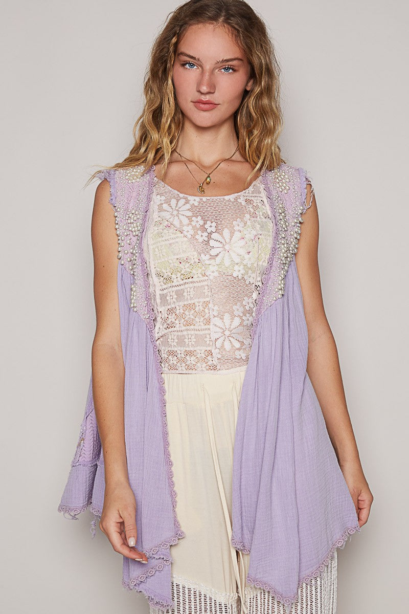 POL Embroidered Pearls Open Front Sleeveless Cardigan OutfitFlow