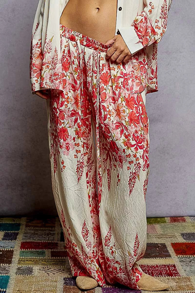POL Floral Printed Woven Wide Leg Drawstring Pants IVORY PINK FLORAL OutfitFlow