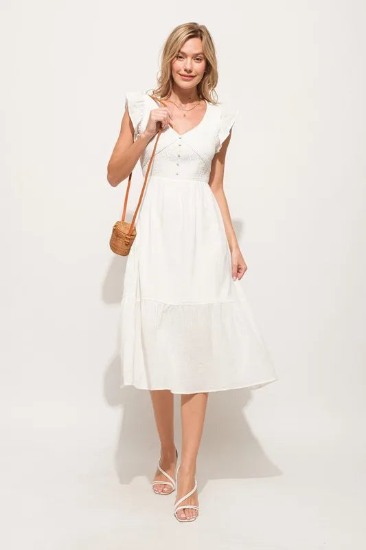 And The Why Ruffle Sleeve Front Smocked Tiered Midi Dress OutfitFlow