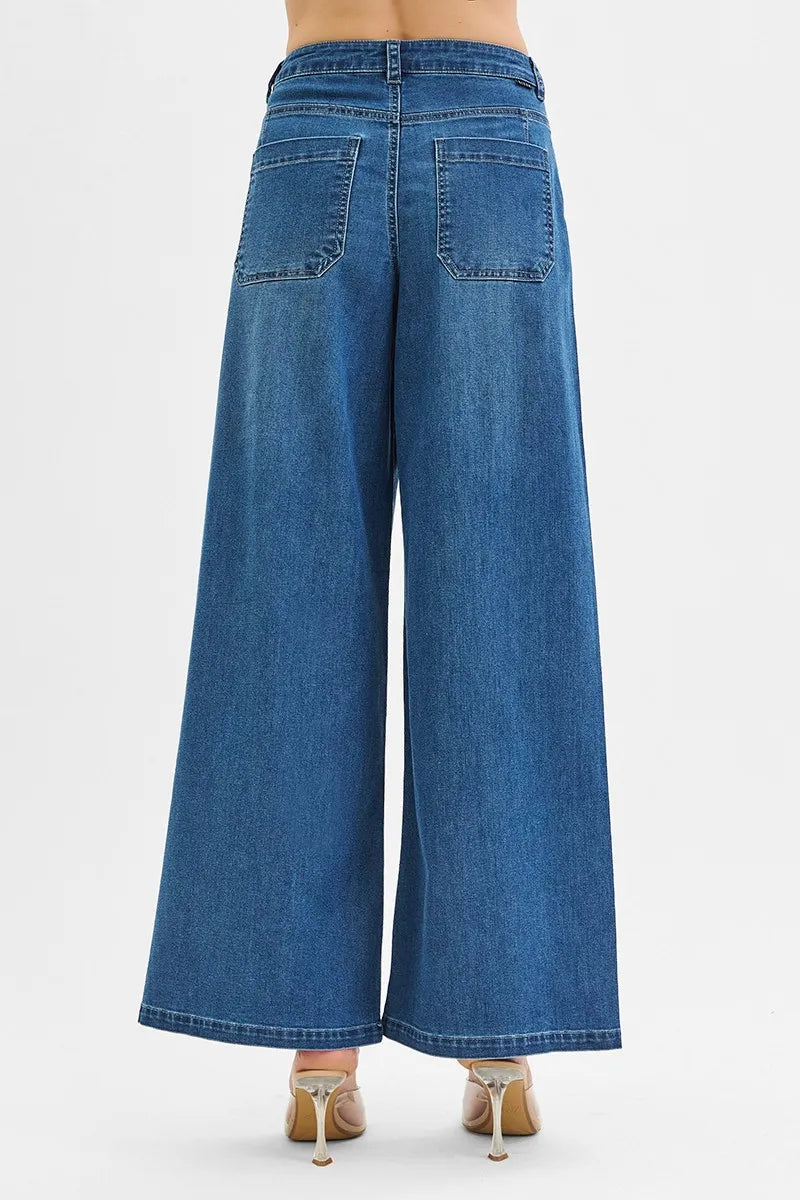 RISEN Mid Rise Fit Wide Leg Knit Denim Look Jeans OutfitFlow