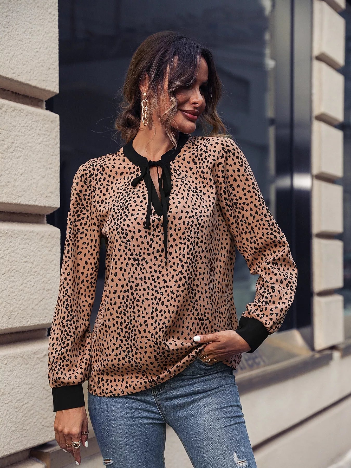 Animal Print Contrast Trim Tie Front Blouse OutfitFlow