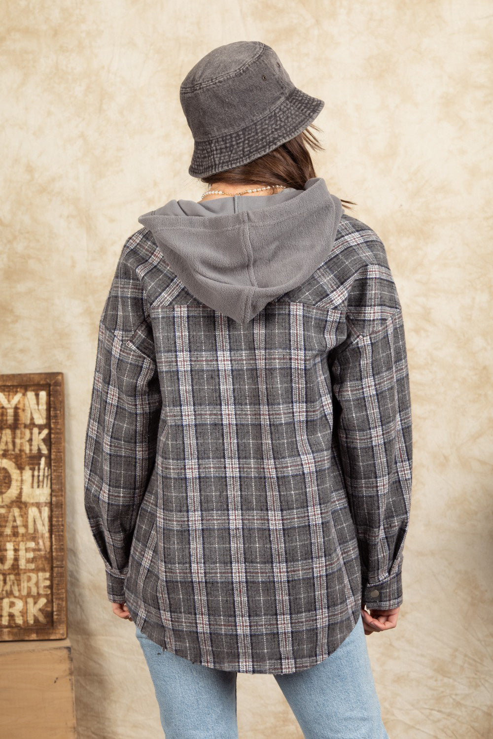 Outfit Flow - Drawstring Plaid Long Sleeve Hooded Jacket