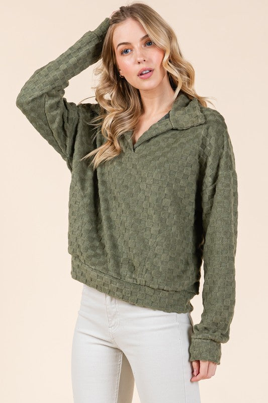 BOMBOM Fuzzy Checkered Collared Neck Sweatshirt with Side Pockets