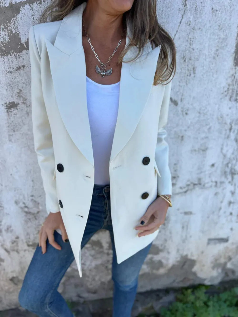 Full Size Collared Neck Long Sleeve Blazer Ivory Trendsi