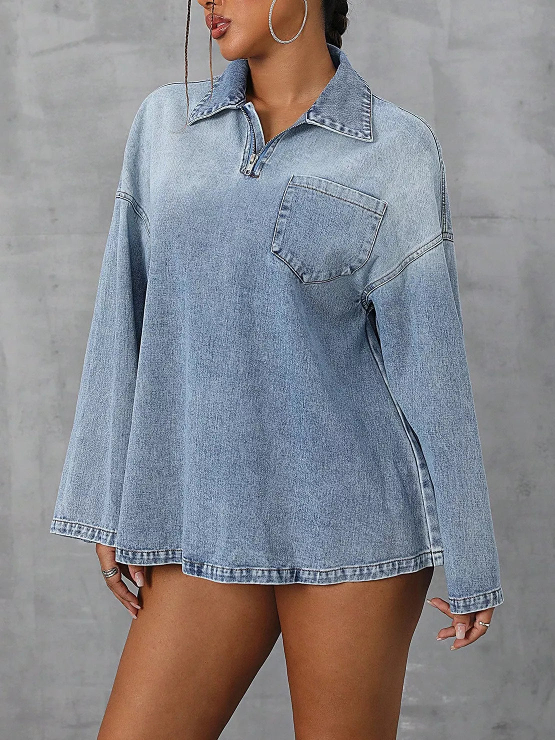 Collared Neck Drop Shoulder Denim Top OutfitFlow