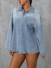 Collared Neck Drop Shoulder Denim Top OutfitFlow