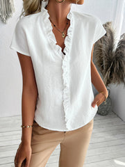 Ruffled V-Neck Short Sleeve Blouse OutfitFlow