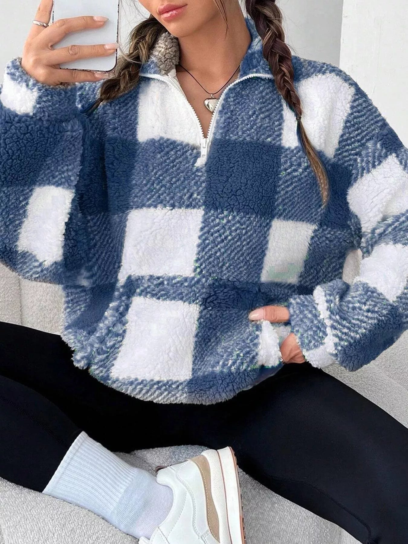 Full Size Plaid Sherpa Long Sleeve Sweatshirt Plus Size OutfitFlow