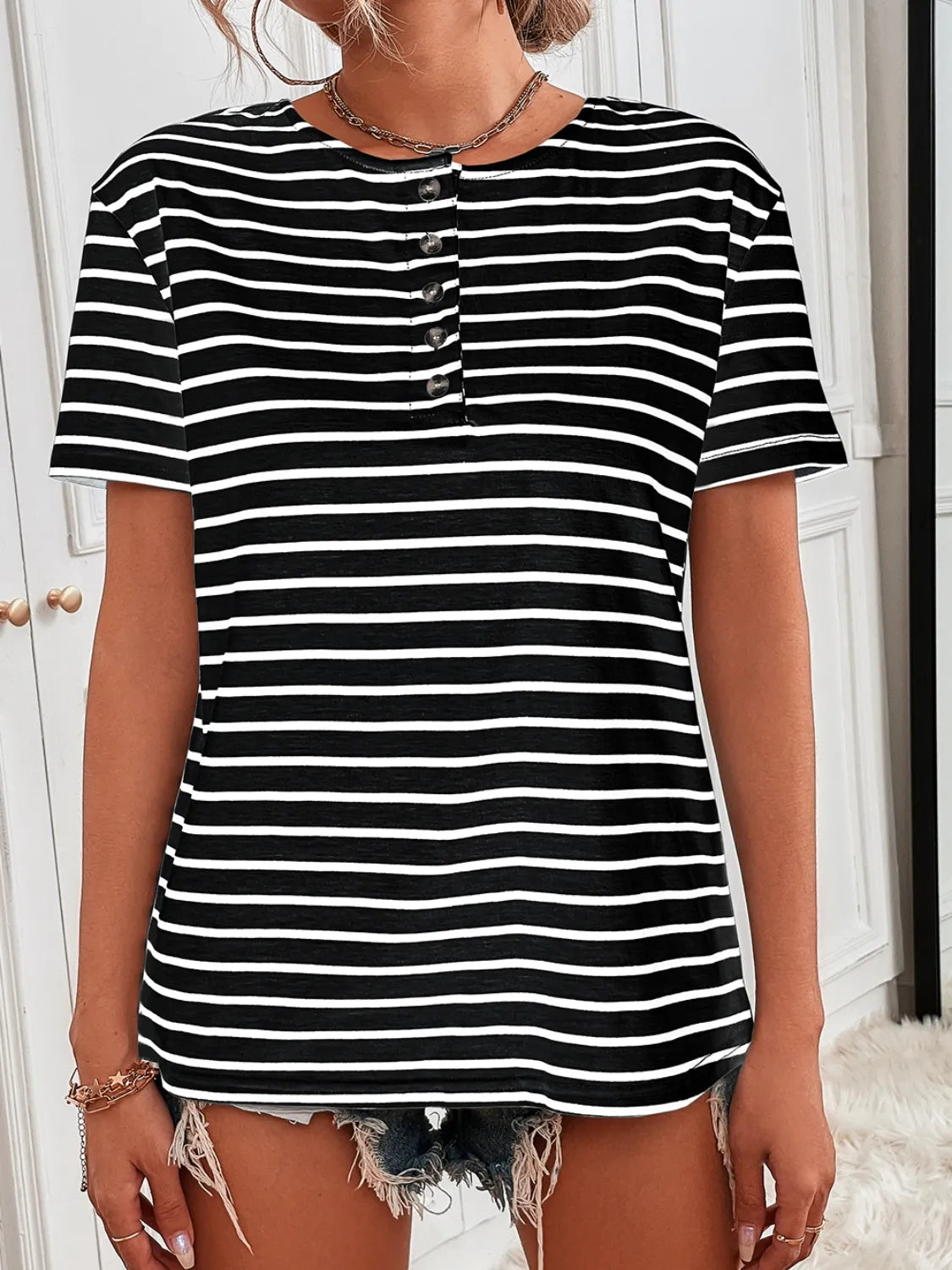 Striped Short Sleeve Top OutfitFlow
