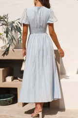 V-Neck Puff Short Sleeve Midi Dress OutfitFlow