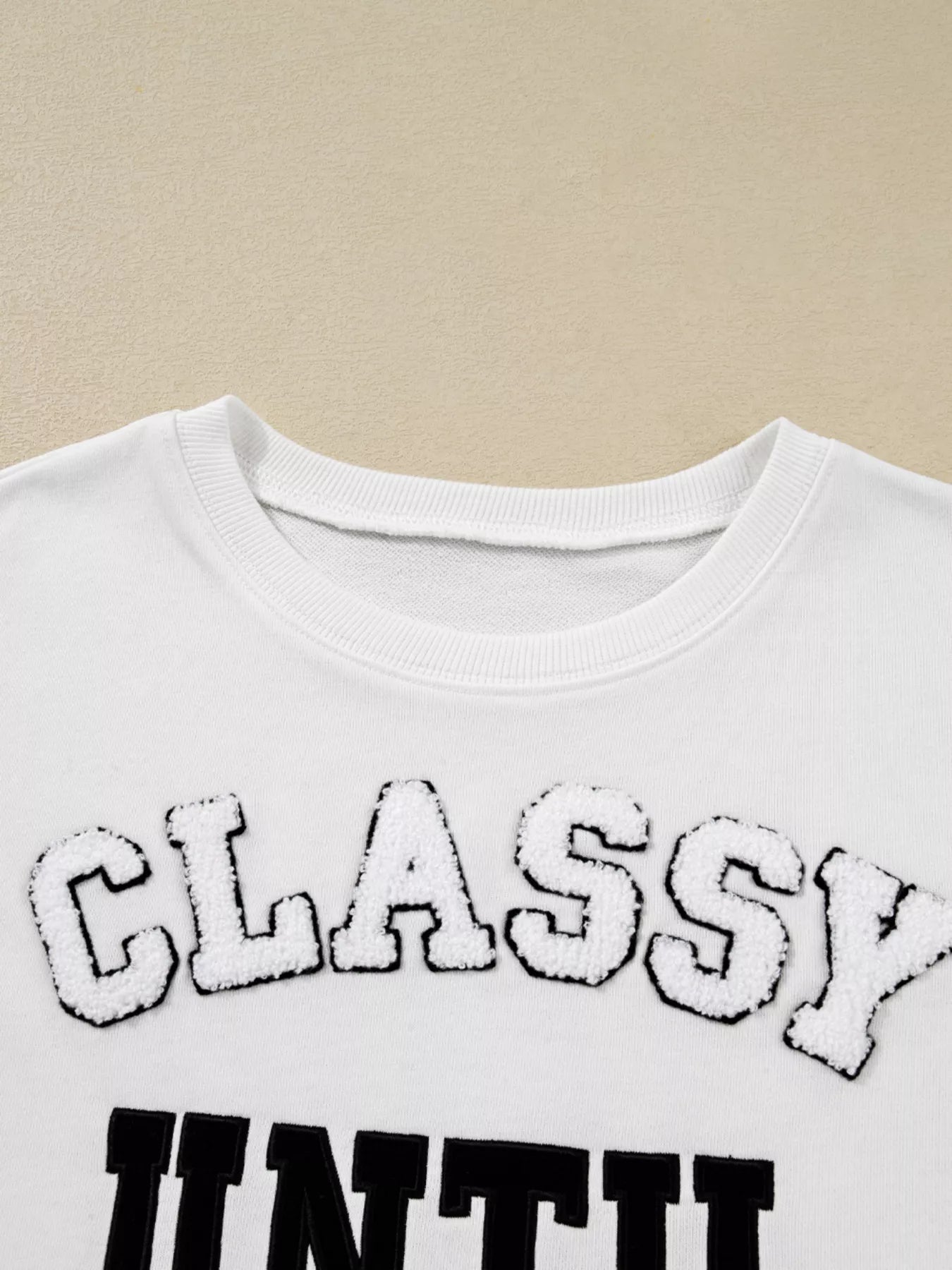 CLASSY UNTIL KICKOFF Plush Letter Patched Loose Sweatshirt OutfitFlow