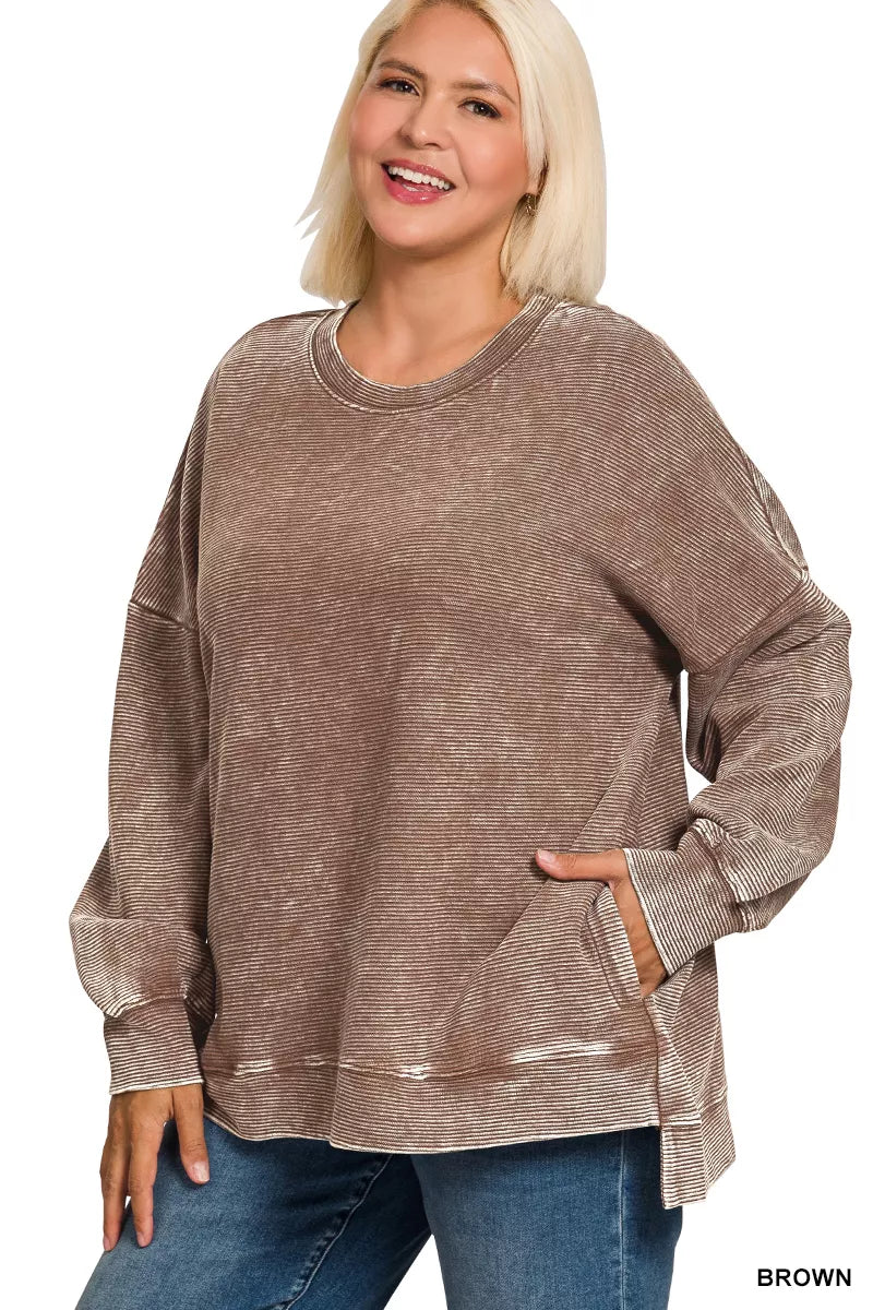 Zenana Full Size Acid Washed Double Ribbed Hi-low Sweatshirt Plus Size OutfitFlow