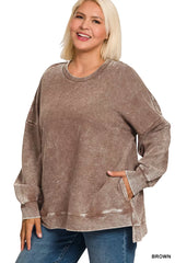 Zenana Full Size Acid Washed Double Ribbed Hi-low Sweatshirt Plus Size OutfitFlow