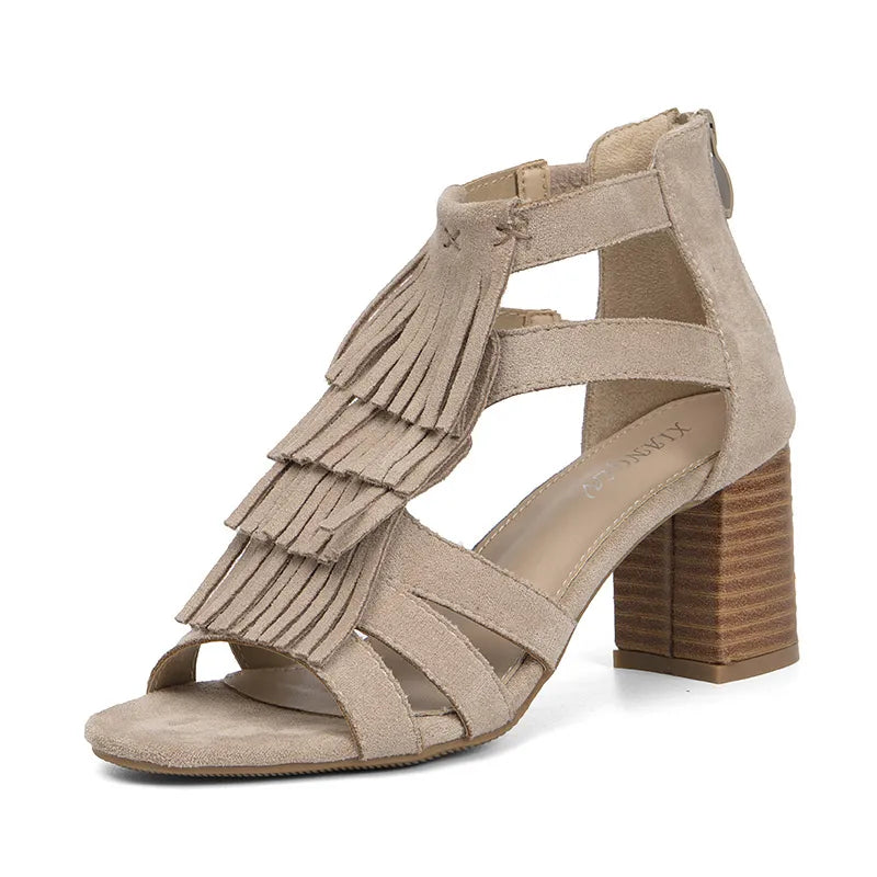 Open Toe Block Heels Sandals Khaki OutfitFlow