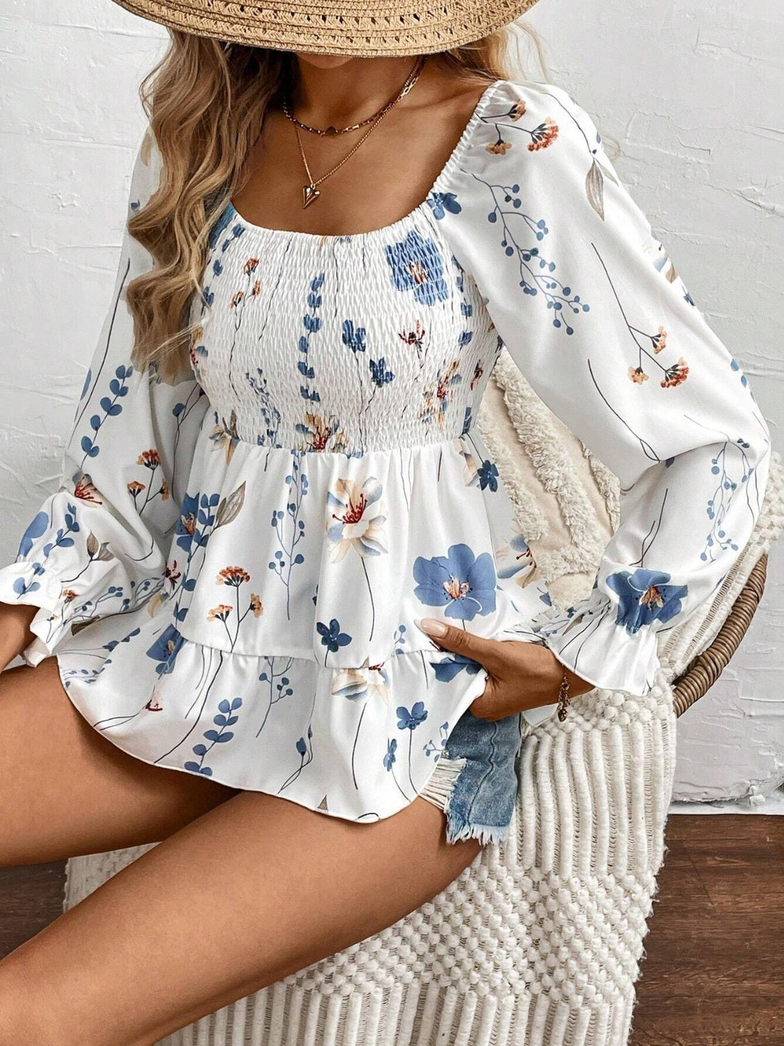 Outfit Flow - Smocked Floral Scoop Neck Flounce Sleeve Blouse