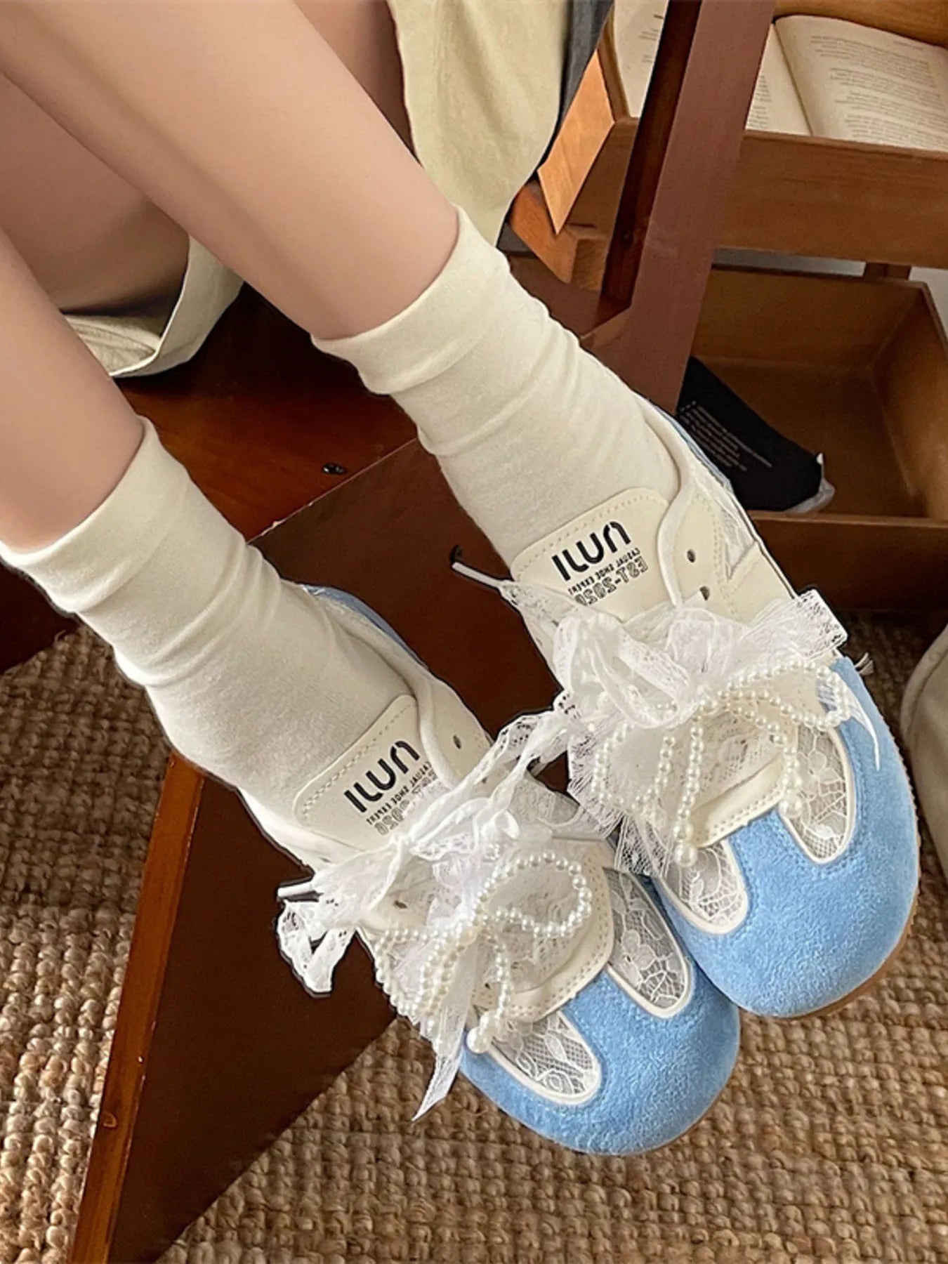 Vintage Lace Ribbon Sneakers OutfitFlow