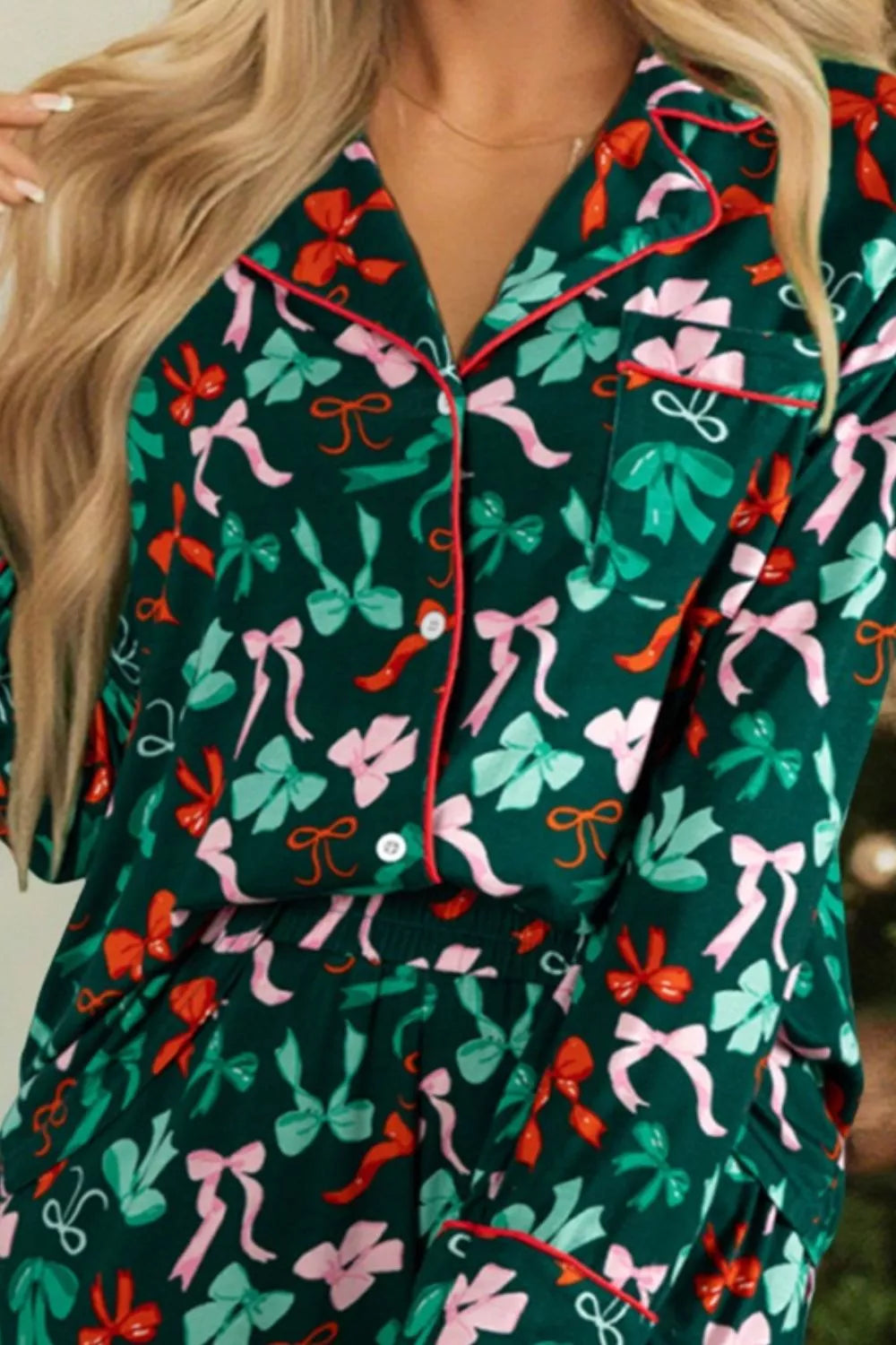 Bow Print Long Sleeve Shirt and Shorts Pajama Set Dark Green OutfitFlow