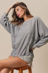 BiBi Cross Hatch Knit Uneven Hem Cont Lslv Top OutfitFlow