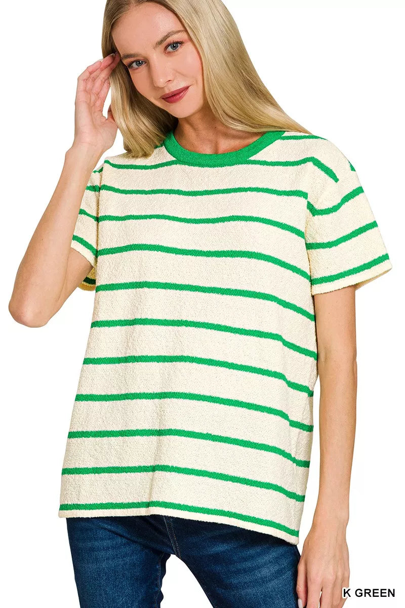 Zenana Textured Striped Crew Neck T-Shirt K GREEN OutfitFlow