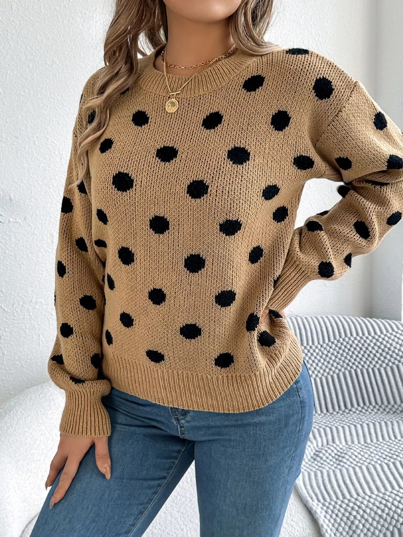 Polka Dot Round Neck Sweater OutfitFlow