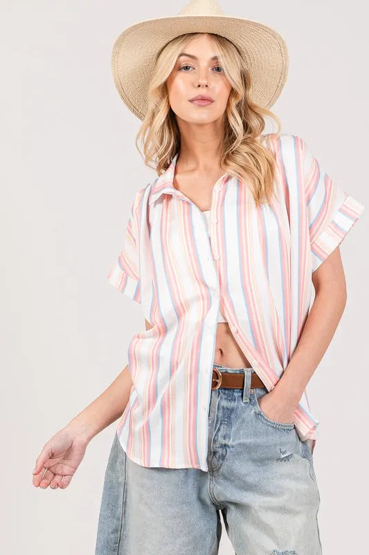 SAGE+FIG Full Size Multi Stripe Button Down Short Sleeve Shirt Plus Size PINK OutfitFlow