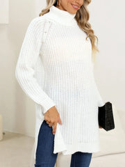 Slit Turtleneck Long Sleeve Sweater OutfitFlow