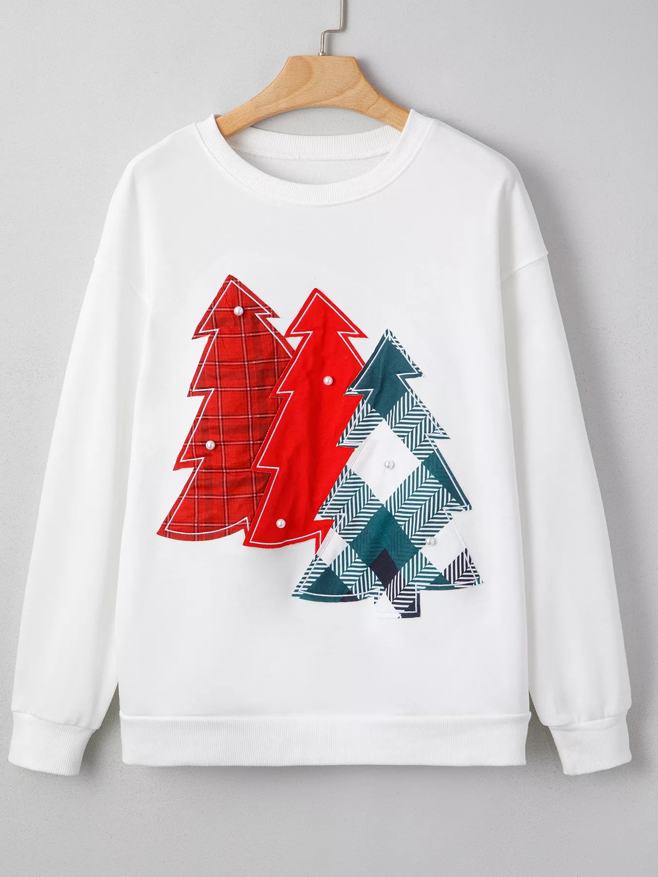 Pearl Plaid Christmas Tree Patched Drop Shoulder Sweatshirt OutfitFlow