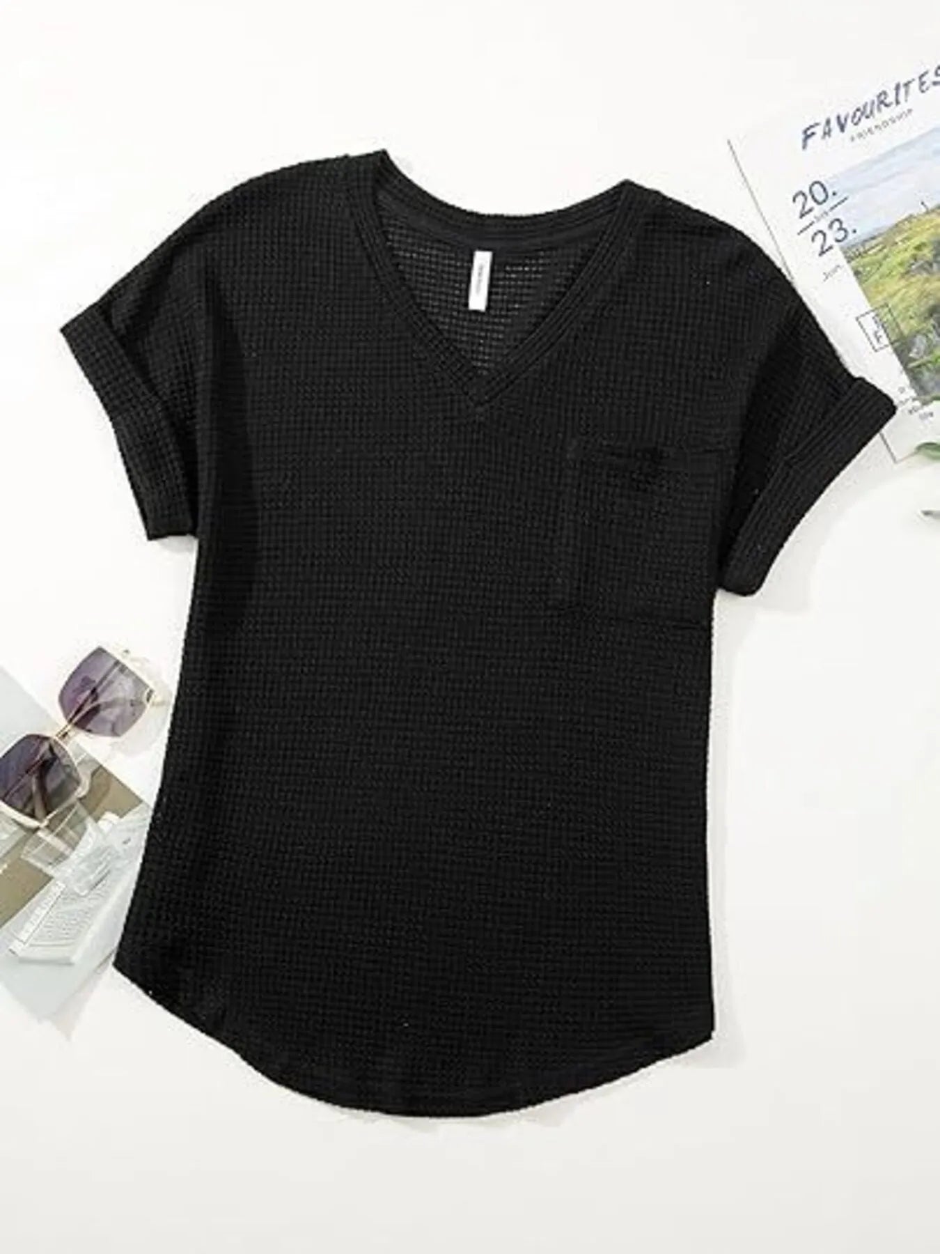 Waffle Knit V-Neck Casual T-Shirt OutfitFlow